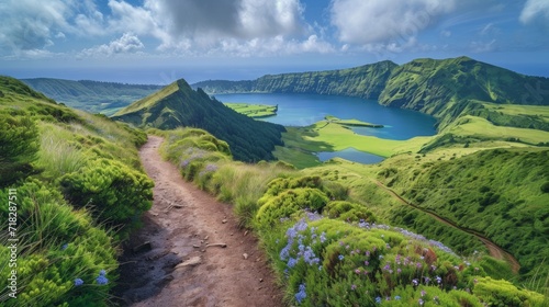 Scenic Hiking Trail with Beautiful Lakes in Ponta Delgada, Sao Miguel Island, Azores, Portugal Generative AI