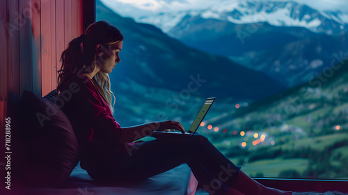 Skilled female digital nomad working remotely creating trip guide to high mountains for share to followers in social networks connected to 4g internet, skilled freelancer typing text on laptop, 