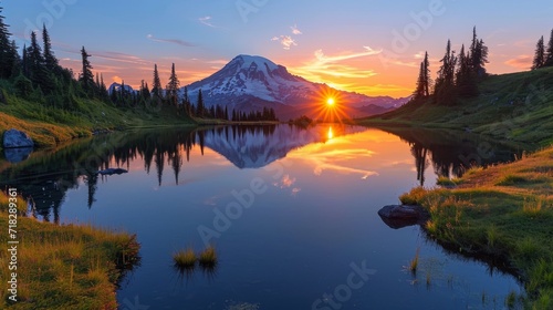 Sun Setting over Mt. Rainier at Tipsoo Lake in Washington Generative AI