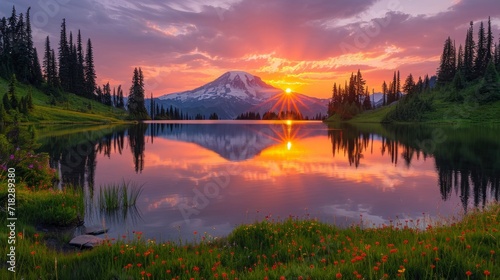 Sunset over Mt. Rainier at Tipsoo Lake in Washington Generative AI