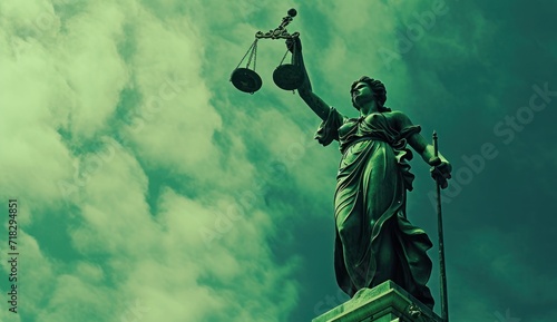  a statue of a lady justice holding a scale of justice in front of a cloudy blue sky with a green tint behind it and a green tint to the foreground.