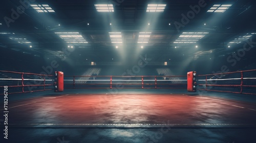 Illuminated boxing ring with blue and red corners under spotlights. Concept of sports, competition, boxing, combat sports, training Sessions