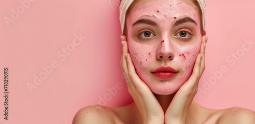  a woman with pink clay on her face and a towel on her head with her hands on her face and a towel on her head, against a pink background.