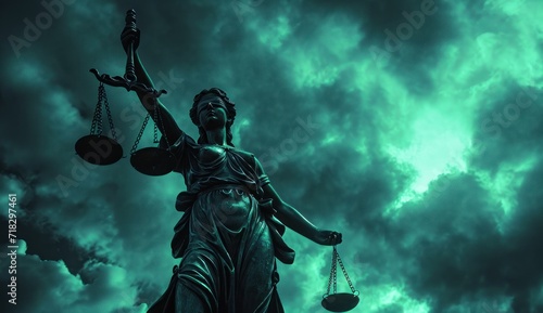  a statue of a lady justice holding a scale of justice in front of a cloudy sky with a green glow on the left side of the scale of the statue.