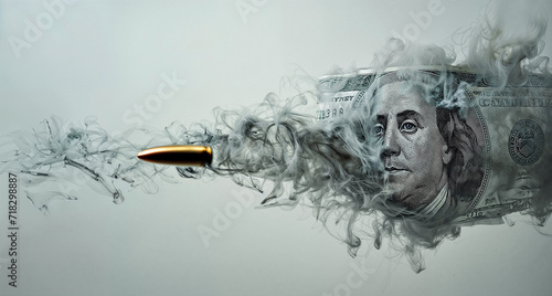 risky investments and risk in financial market or dollar inflation, fiat currency value and wrong bankruptcy danger in business, banner of bullet shooting dollar with fire smoke