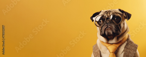 pug dog looking serious with tie and suit in glasses on yellow background copy space left. Optics eyewear salon.