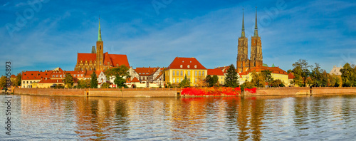 Panoramic view of Cathedral Island over Odra river in old town Wroclaw, Poland