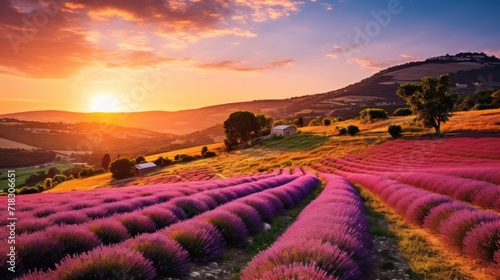  a field of lavender flowers with the sun setting over the hills in the distance in the distance, with a house in the distance.
