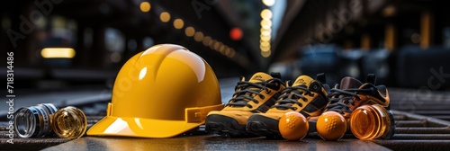 Yellow construction hard hat with safety glasses and work shoes on ground