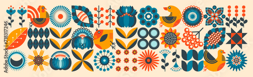 A large set of Ukrainian national style. Easter floral pattern. Scandinavian style. The concept of ecological farming and poultry farming. Blue and orange illustration in pastel. 