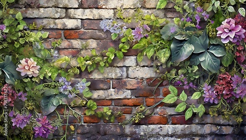 brickwall pattern with leaves, stone wall with green leaves