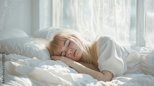 Portrait of a girl sleeping on a bed. The girl sleeps lying on the bed in a cozy bedroom. Morning dream.