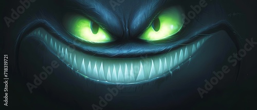glowing large green eyes, big grin with sharp white teeth, evil smile