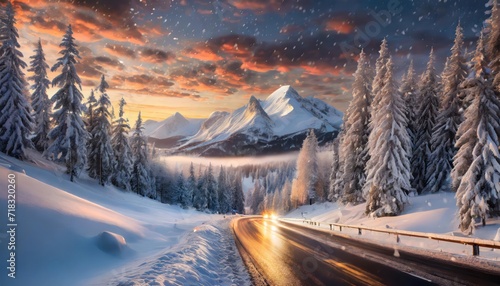 winter in snowy weather with a beautiful evening sky and the lights of cars 