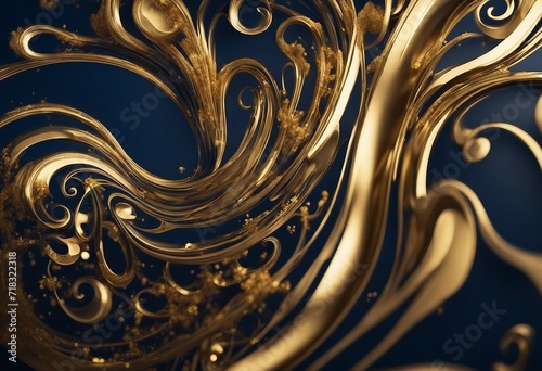 Liquid Swirls in Beautiful Navy Blue colors with Gold Powder Luxurious Design Wallpaper Gold Decoration on Blue Background