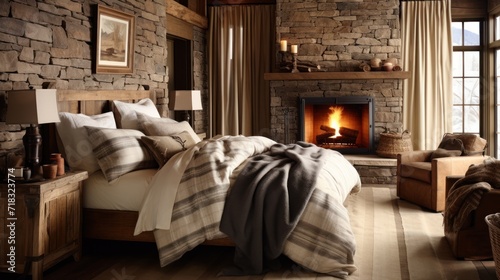  a bedroom with a stone fireplace and a bed with a blanket on top of it and a chair in front of it.