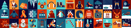 Geometric food, clothes, shoes, shopping and gifts winter background. Winter tires, cars, frost, snow, icicles, hockey, snowboard, skates, sledges, skis. Merry Christmas and Happy New Year!