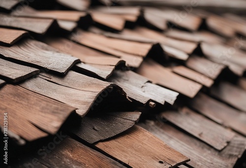 Wood shake shingle old decaying roof closeup