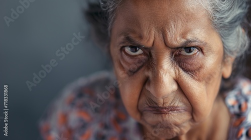 Angry belligerent hispanic senior woman looking at the camera