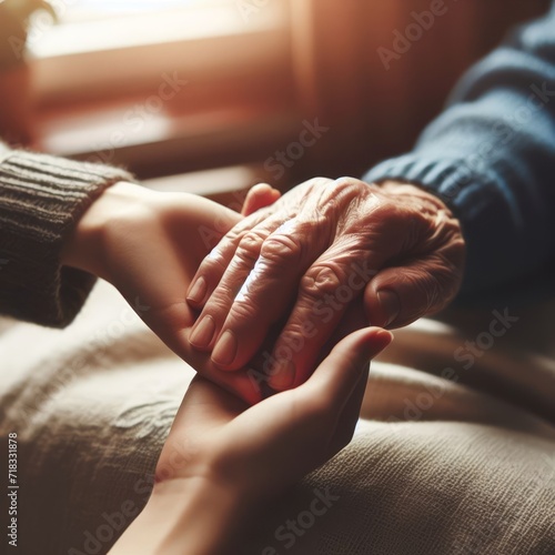 Gentle young hands envelop an elder's, a serene moment of compassion and solace indoors