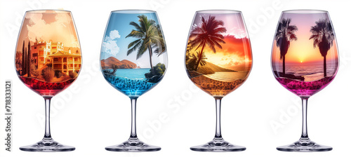 Spanish landscape in the wine glasses isolated on white background. Concept of spanish holidays, tradition and culture. Spain