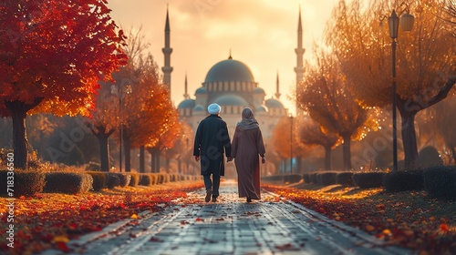 Elderly couple walking to mosque in autumn park at sunset