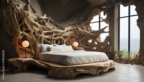 Comfortable bed in an old bedroom, nature tranquil decoration generated by AI
