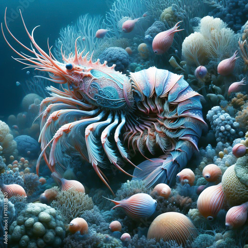 Fantasy illustration of the seabed, with pastel colors. Underwater life. AI generated