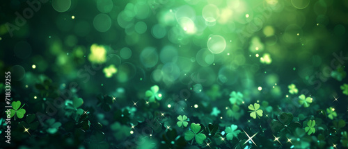Saint Patrick's Day dark green and gold bokeh background with shamrock shapes. Concept for greeting cart, poster, banner, flyer, web pages.