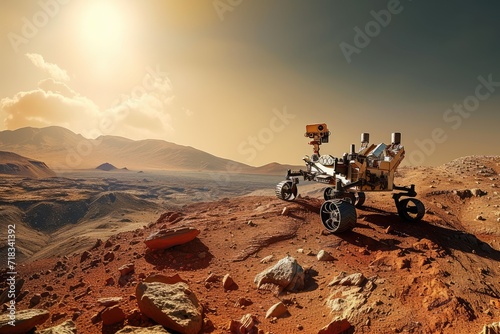 Mars rover exploring rocky Martian terrain at sunrise. Space exploration and research concept. Science fiction scene. Design for banner, poster, wallpaper. Planetary mission landscape