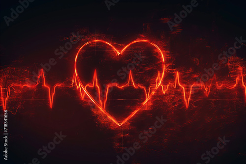 Abstract red heart shape with red cardio pulse line. Creative stylized red heart cardiogram with human heart on black background. Health, cardiology, cardiovascular diseases concept