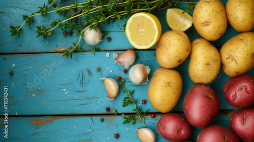 Starchy yellow and red potatoes with fresh thyme, garlic and lemon on a blue wooden background, flat lay 