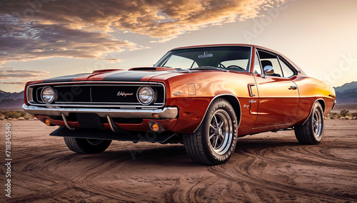 An old red and orange muscle car sits in a desert landscape The sky is cloudy and the sun is setting