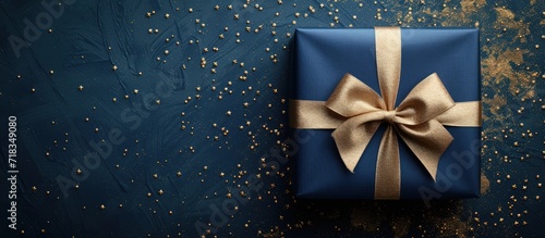 Navy blue Christmas gift box with golden bow ribbon decorations. Generated AI image