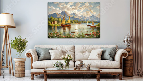 a light blue wall above a white couch A coffee table with a vase of roses sits in front of the couch