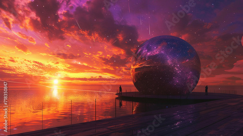 planetarium during sunset, with its reflective dome mirroring the orange and purple hues of the sky. Inside, visitors are immersed in a 360-degree projection of a starry night sky, with shooting stars