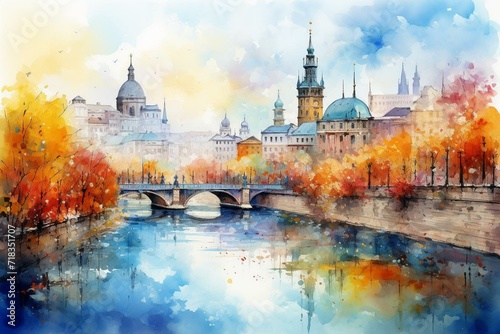 Vibrant cityscape with river, depicted in watercolor style with an impressionist touch. Generative AI