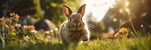 bunny runs along lawn against the backdrop of a sunny lawn,