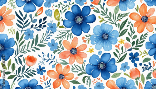 Watercolor floral pattern illustration with hand-drawn flowers in blue tones, perfect for spring backgrounds or wallpaper prints.