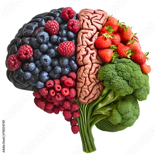 Healthy Brain Food Concept: Berries and Broccoli Brain Representation