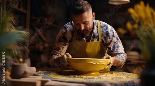  man in pottery workshop makes plate of clay, an authentic atmosphere, yellow lamp, lifestyle, magical atmosphere. Concept with your own hands, home entertainment