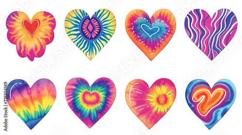 A set of hearts with classic 60s tie-dye patterns, 1960s retro set, white background, Valentine's Day, doodle, drawings