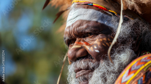 Close-up of Aboriginal man with thoughtful gaze, face painted with traditional markings, and adorned with ceremonial headdress.