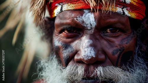 Close-up of Aboriginal man with thoughtful gaze, face painted with traditional markings, and adorned with ceremonial headdress.