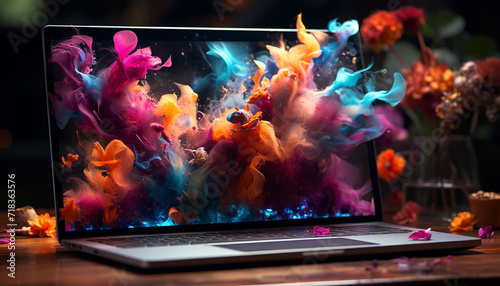 Abstract laptop on fire, vibrant colors exploding chaos generated by AI