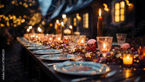 Enchanté Evenings: Luxurious Outdoor Dining Table Set for Festive Celebrations, with Sparkling Decorations, Candles, and Urban Sophistication - Ai Generated