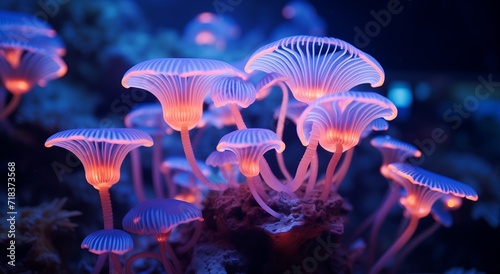 Purple Fungus with Colorful Algae, Underwater World with Light Orange and Navy Themes, Serene Maritime Scene