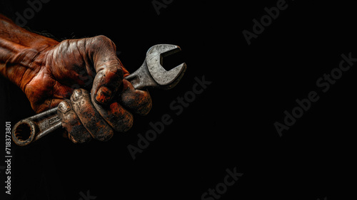 Hand holding a wrench isolated on black background