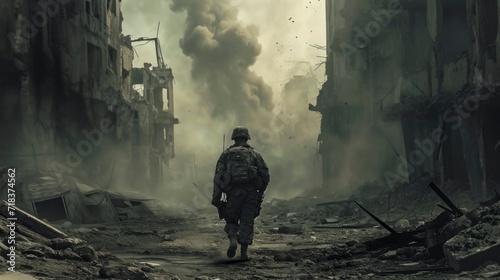 soldier with backpack and helmet on his back in a city destroyed by war