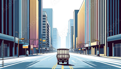 Vibrant, Stylized Urban Avenue Illustration with Modern Skyscrapers Converging at Vanishing Point, Cool Color Palette Cityscape - Concept of Urban Development & Metropolitan Lifestyle